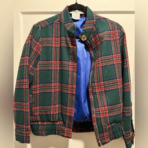 Gretchen Scott timeless, tartan plaid bomber jacket.